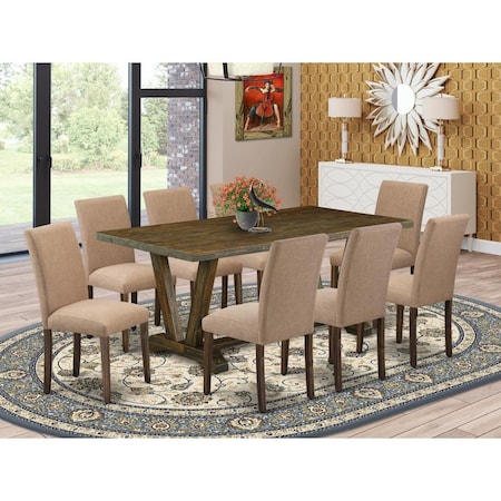 East West Furniture 9 Piece V-Style Modern Dining Table Set - Distressed Jacobean V777AB747-9